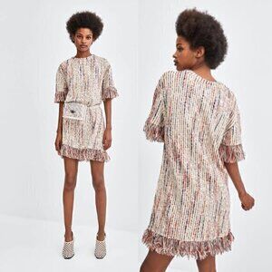 Zara Fringe Jacquard Tweed Dress Size S NWOT